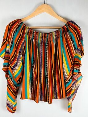 Off Shoulder Colorful Striped Smocked Crop Blouse Flutter Sleeve Festival Boho